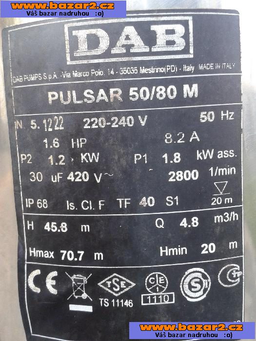  DAB.PULSAR 50/80 M-A ponorné čerpadlo do vrtů a studní 104160290