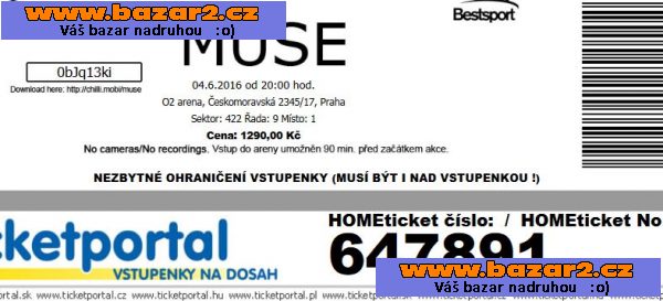Prodám 2ks Vstupenky na koncert MUSE - 04/06/2017 v Praze