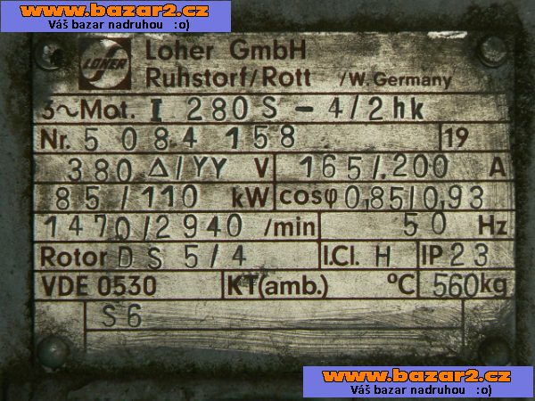 Elektromotor nakrátko dvojotáčkový LOHER 85 / 110 kW