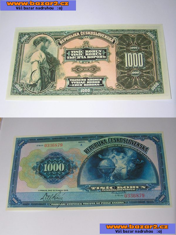 Kopie vzácných 1 republikových bankovek -- Mucha --