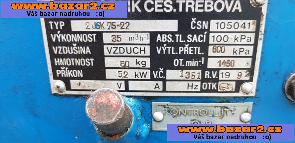 Prodám používaný kompresor Orlík, typ 2 JSK75-22 C.Výkon 35m3/hod, výtlak 800kPa