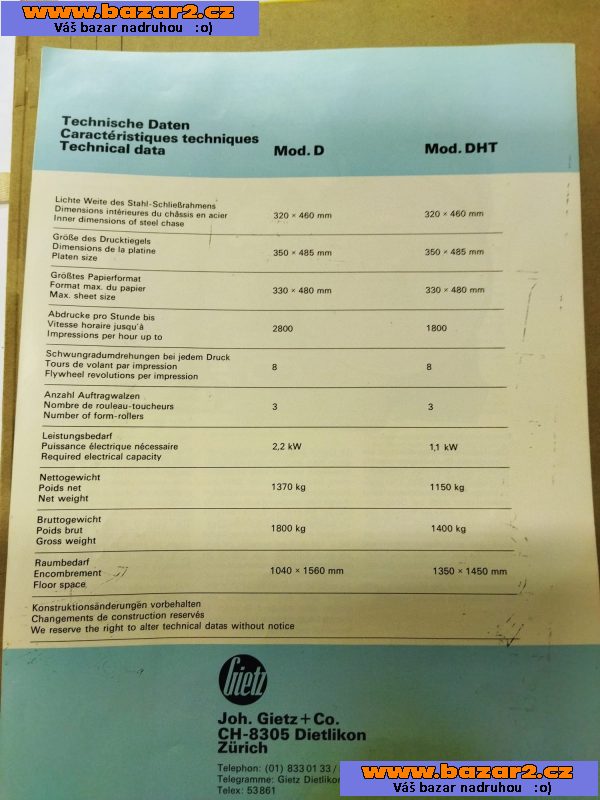 Příklopový knihtiskový stroj Gietz