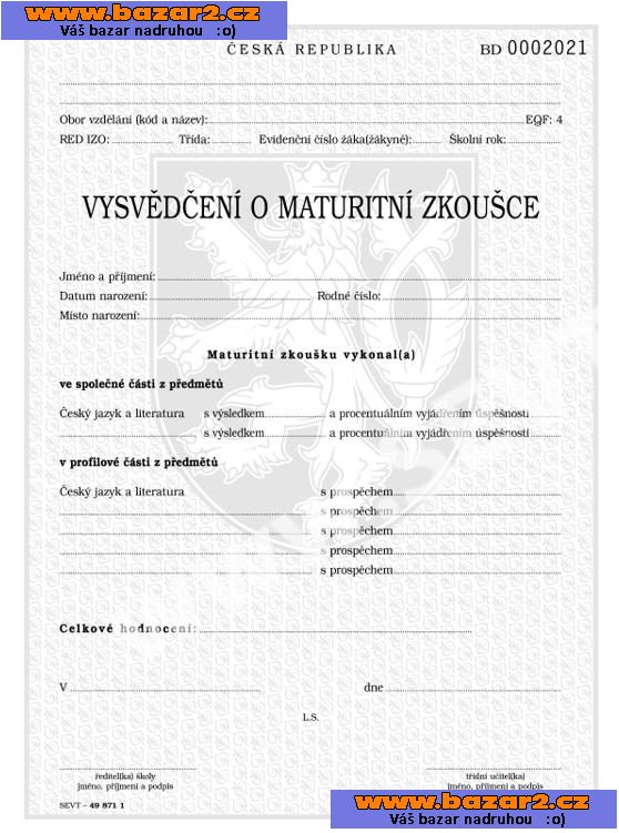Prodej Maturitní vysvědčení, diplom, výuční list